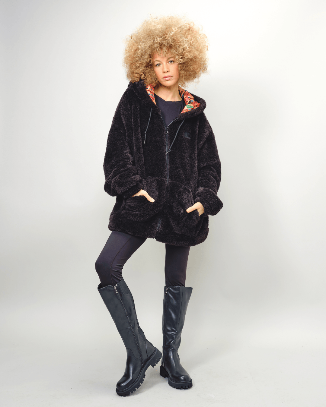 Black Kente Thick Teddy Satin Lined Zip Up Hoodie