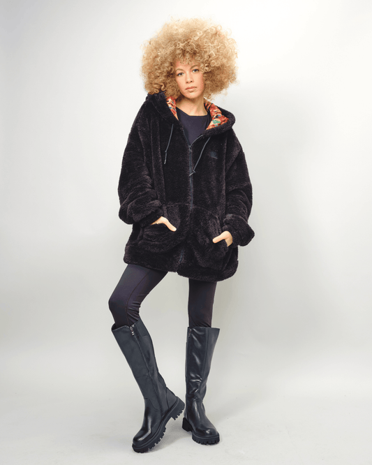 Black Kente Thick Teddy Satin Lined Zip Up Hoodie